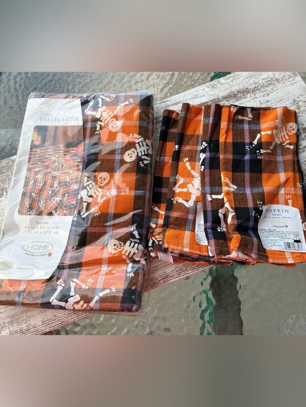 Halloween Skeleton Plaid Tablecloth and Napkin Set - Orange and Black